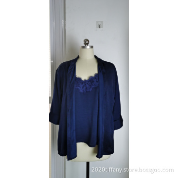 Women's Blue V-Neck Lace Neckline 2-Piece Set